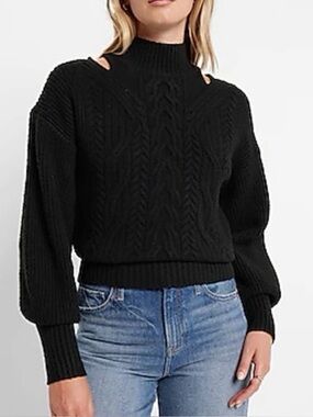 EXPRESS Black Oversized Cozy Cable Knit Cutout Turtleneck Sweater